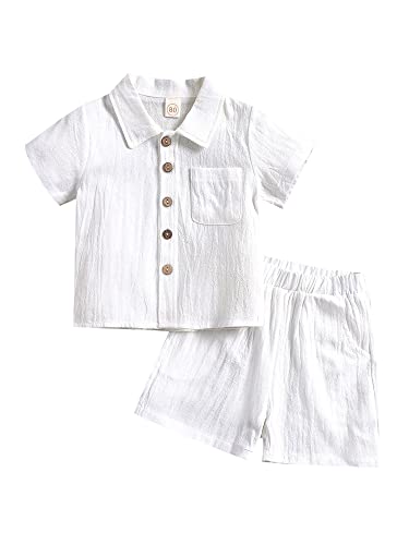 LYSINK Baby Boy Solid Color Cotton Linen 2Pcs Set Short Sleeve Lapel Button Shirt with Casual Shorts Summer Outfits (A-White, 18-24 Months)