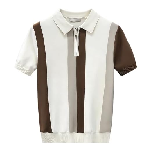 Men's Striped Polo Shirt Casual Short Sleeves Zipper Collar Knitted T-Shirt Golf Shirts for Men, Apricot, 3XL