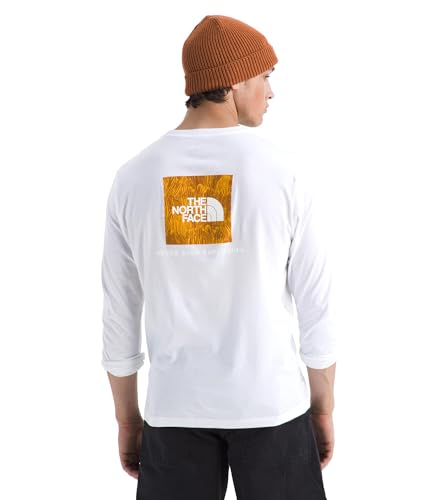 THE NORTH FACE Men's Evolution Regenerative Ink Box NSE Long-sleeve Tee | Regular Fit Cotton Shirt With Logo Graphic, White Dune/Summit Gold Regenerative Ink Print, 3XL