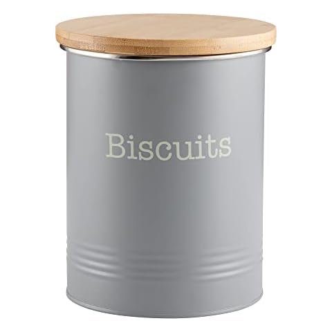 EHC Round Enamel Airtight Seal Cookie/Biscuit Kitchen Storage Canister Jar With Wooden Lid, Grey Cover