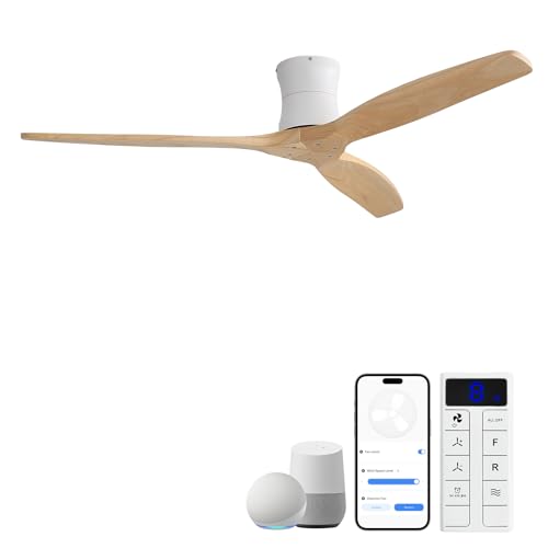 Sofucor 52 Smart Ceiling Fan No Light Solid Wood Low Profile Ceiling Fan with Remote Flush Mount Ceiling Fan Works with Alexa/Google/App 6-Speed Timing Reversible DC Motor for Living Room Bedroom