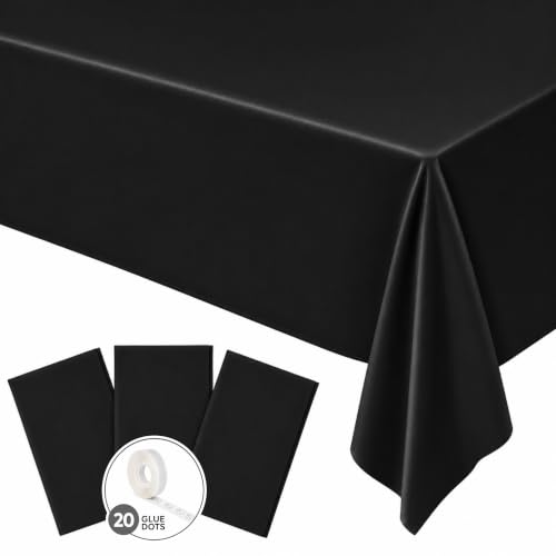 Image of Blue Orchards Black Plastic Table Cover (Pack of 3 with 20 Glue dots) - 54 inch x 108 inch - Black Waterproof & Disposable Tablecloth, Elegant Party Decoration for Graduation, Birthday Party Supplies