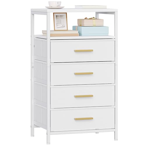 Hzuaneri Mesita de Noche, Mesita Auxiliar con 4 Cajones de Tela y Compartimento Abierto, Mesa Lateral de Sofá de Moderna, para Dormitorio y Sala de Estar, 30 x 40 x 70 cm, Blanco NS40713W