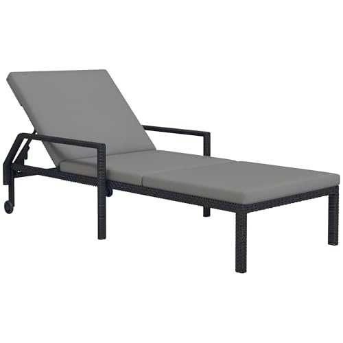 Outsunny Tumbona de Ratán Chaise Longue de Jardín con Respaldo Ajustable en 5 Posiciones Cojín Acolchado y 2 Ruedas Carga 120 kg 73x200x48 cm Gris Claro y Negro