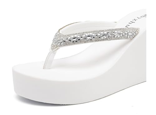 Image of Rhinestone Womens Wedge Sandals for Women Platform Flip Flops Chunky wedge flip flops Heels Sandals Women Wedding Shoes