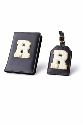 Image of Passport Cover & Bag Tag Combo | Personalized Initial Alphabet Custom A-Z Name Initial | Fits Standard Passports | Travel GiftIdeal Travel Gift for Women, Girls & Couples (Black)