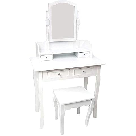 Vida Designs Nishano Dressing Table With Stool 4 Drawer Adjustable Mirror Bedroom Set Makeup Cosmetics Dresser Furniture, White Cover