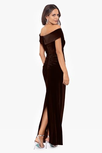Xscape Women's Velvet Off-The-Shoulder Popover Maxi Dress with Zippered Back Closure, Brown, 162