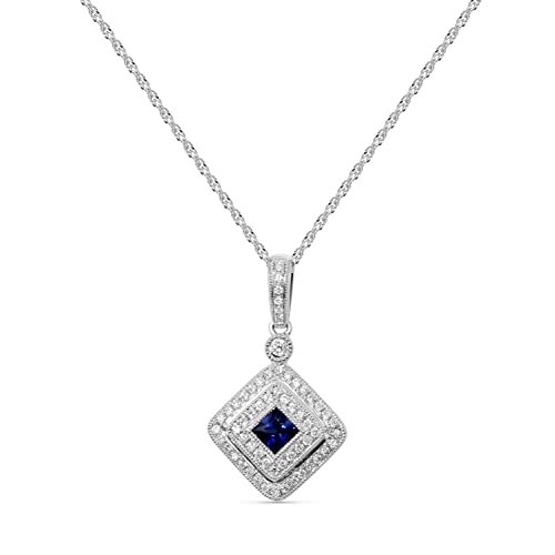 14K White Gold Genuine Sapphire 1/4 Ct Square, Diamond Pendant Necklace