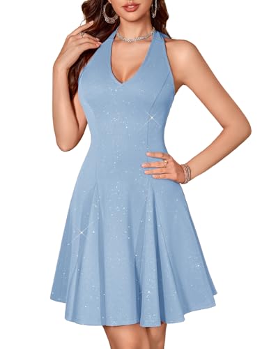 Image of HomRain Glitter Sparkle V Neck Cocktail Dress for Women 2026 A Line Backless Halter Sequin Homecoming Evening Party Dresses