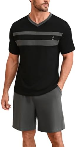 Nieery Schlafanzug Herren kurz Baumwolle Sommer Pyjama Set Kurzarm V-Ausschnitt T-Shirt und Shorty Schlafanzughose
