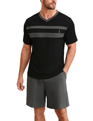 Nieery Mens Pyjamas Short Loungewear Men's Pajamas Set Short Sleeve Soft Cotton Pj's Top and Short for Sleepwear Nightwear with Pockets Black XL