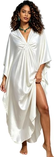 Image of RanRui Caftans for Women Solid Color Chiffon Plus Size Kaftan Dresses Beach Cover Up V Neck Batwing Sleeve Caftans Loungewear