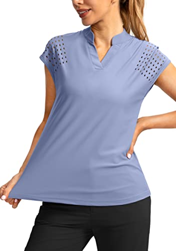 Soothfeel Women's Golf Shirt Cap Sleeve V Neck Polo Shirts Lightweight Quick Dry Workout Tennis Shirts Tops For Women(Light Blue, Xs) #TOP4