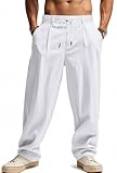 WINKEEY Pantalon Lin Homme Été Léger Pantalon Large Fluide Coupe Ample Taille Élastique Cordon pour Détente Plage Vacances, Blanc M