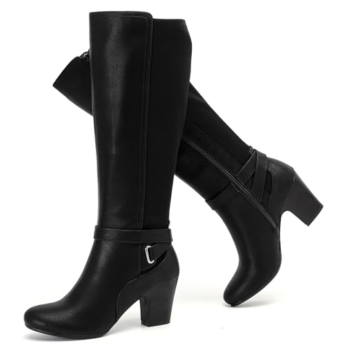 Knee High Boots for Women Slouchy Chunky Heel Long Boots Pointed Toe Comfort and Fashion Fall Winter Woman Boot. 9.5 Black Pu 312