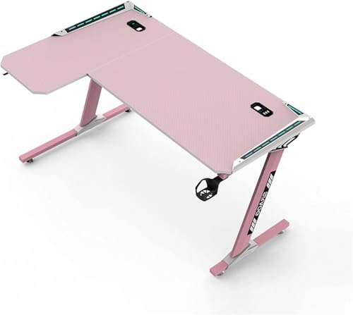 ゲーミングデスク パソコンデスク ゲームデスク ゲーマーに向け 幅140cm 高さ73cm L字型 デスク パソコンデスク 組立簡単 ゲーム向け 在宅勤務 各種カラー (ピンク, 左)