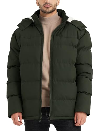 BEST SOUTH Men's Hooded Winter Puffer Jacket Fleece Warm Bubble Coat Outerwear Cold Weather Army Green XXXL