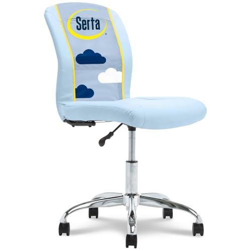 Image of Serta Essential Armless Task Chair, Small Desk Chairs with Wheels, Breathable Mesh Back and Faux Leather, Quality Foam Cushion Seat for Comfort, Minimal Design for Vanity Table, Blue