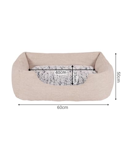 lionto Hundekörbchen mit flauschigem Wendekissen, kuscheliges Heimtierbett in meliertem Design mit tiefem Einstieg für Hunde & Katzen Aller Größen, 60x50 cm, weiches Hundebett, beige