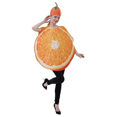 Costume da verdura di frutta a fette per adulti, costume divertente per adulti, costume arancione a fette per adulti con cappello, costume divertente da pulire per giochi di vestiti, feste di complea