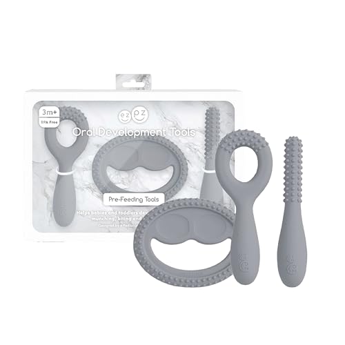 Image of ezpz Oral Development Tools - 3 Months+ (3 Pack in Gray) - Non-Slip Loop, Smile and Stick, 100% Silicone Tools to Practice Feeding + Chewing - Sensory Bumps - Dishwasher Safe