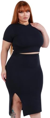 Conjunto Saia Lápis e Cropped Plus Size, Preto, Manga 3/4, Tamanh...