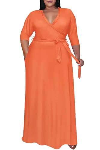 Image of Nmoder Plus Size Maxi Dress for Women - Summer Casual 3 /4 Sleeve Floral Flowy Long Dress with Belt XL- 6XL