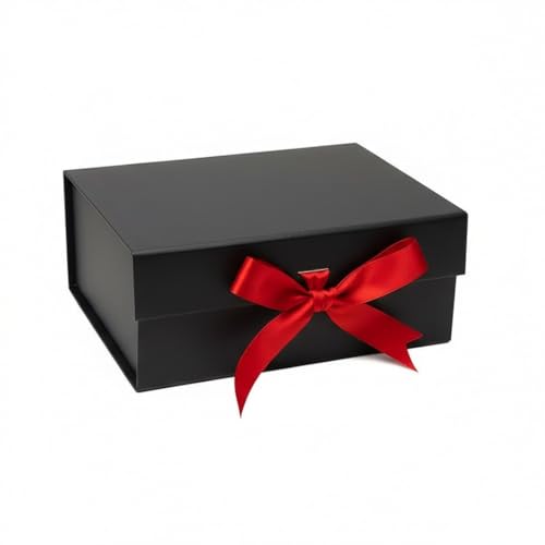 Image of Awestuffs Premium Black Gift Boxes with Red Ribbon, Decorative Gift Packaging Boxes (23 x 16 x 10 cm) for Hampers, Return Gifts, Weddings, Birthdays & Corporate Gifts (Pack of 1)