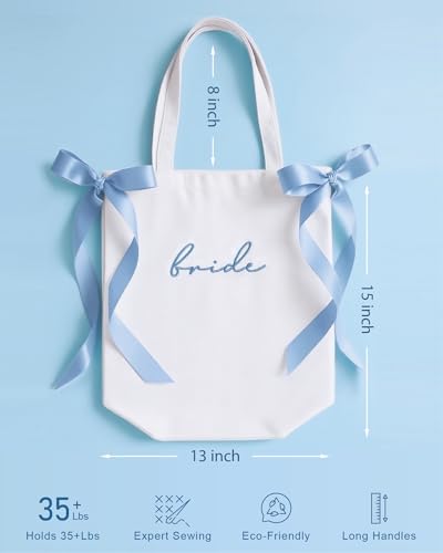 Bolsa tote de lienzo con lazo azul para novia miniatura 4