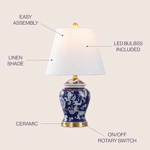 Image of JONATHAN Y 22 inch Navy /White Ceramic Table Lamp, French Country Chinoiserie Ginger Jar LED Bedside Lamp for Living Room Bedroom, White Linen Shade (JYL3005D)