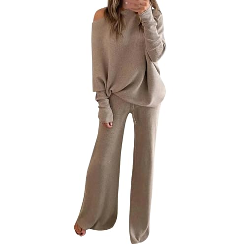 Generico Tuta di Lana da Donna Eleganti Completi Due Pezzi Maglia Larghi Complete Top a Maniche Lunghe Pantaloni a Gamba Larga in Vita Completo Jogging Invernale Set in Maglia Polsino Elastico