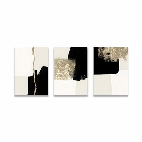 3 Images Set-Impression Toile Abstraite Noir Blanc Avec Blocs Dorés Style Moderne Épuré Idéale le Salon la Salle à Manger la Cuisine le Bureau Ou la Maison Décoration Intérieure-50x75cm (sans cadre)