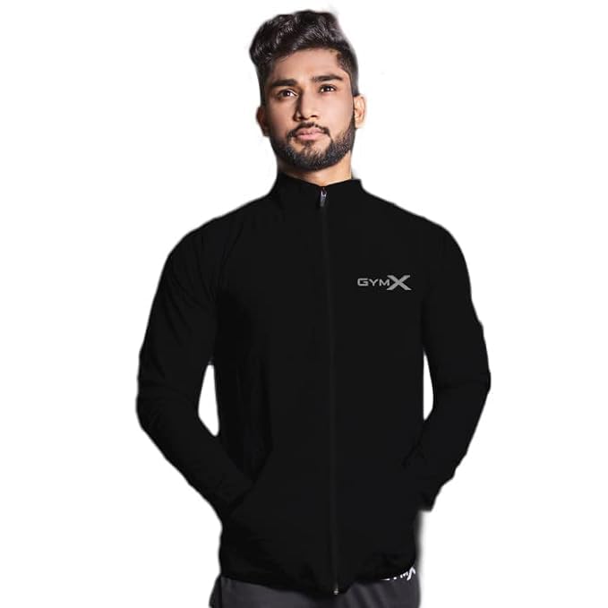 Image of GymX Windcheater For Men | Athletic Track Jacket For Men | Breathable Full Sleeves Polyester Sports Wear | Krypto lightweight Blue Jacket For Bikers With Front Zip Closure.