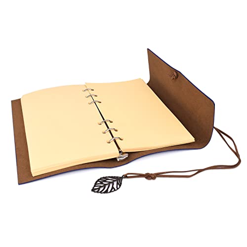 SAYEEC Leather Writing Journal Notebook, Refillable Travel Journal Blank Diary Planner, 160 Pages Vintage Leaf Embossed Spiral Notepad Sketchbook with Unlined Page, Retro Pendants, Best Gifts (Blue)
