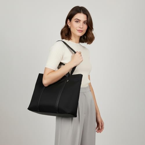 Image of Accessorize London Women's Black Kris Nylon Work Tote | water-resistant Shoulder Bag | Stylish Casual & Travel Handbag