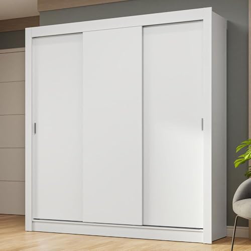 Image of Madesa 3 Sliding Doors Wardrobe Ample Storage Wooden Almirah 170 Cm with Shelves and Hanging Units for Bedroom - White