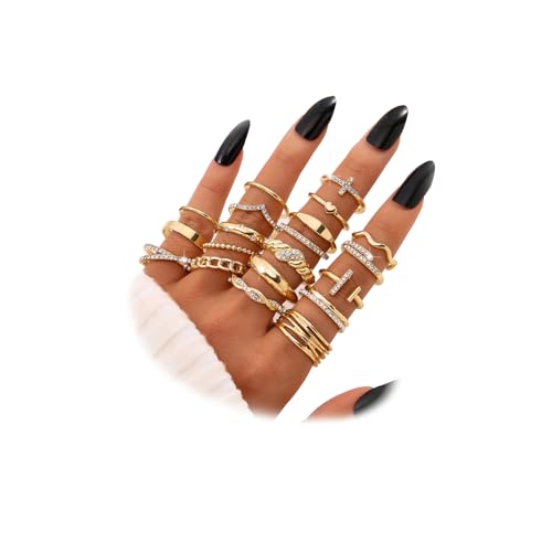 KISS WIFE Gold Silver Black Kunckle Rings Set for Women , Dainty Simple Trendy Cute Stackable Finger Rings Pack, Perfect for Stacking Layering on Thumb and Knuckle, Mixed Size, Jewelry Gift (Gold-Sparkling)