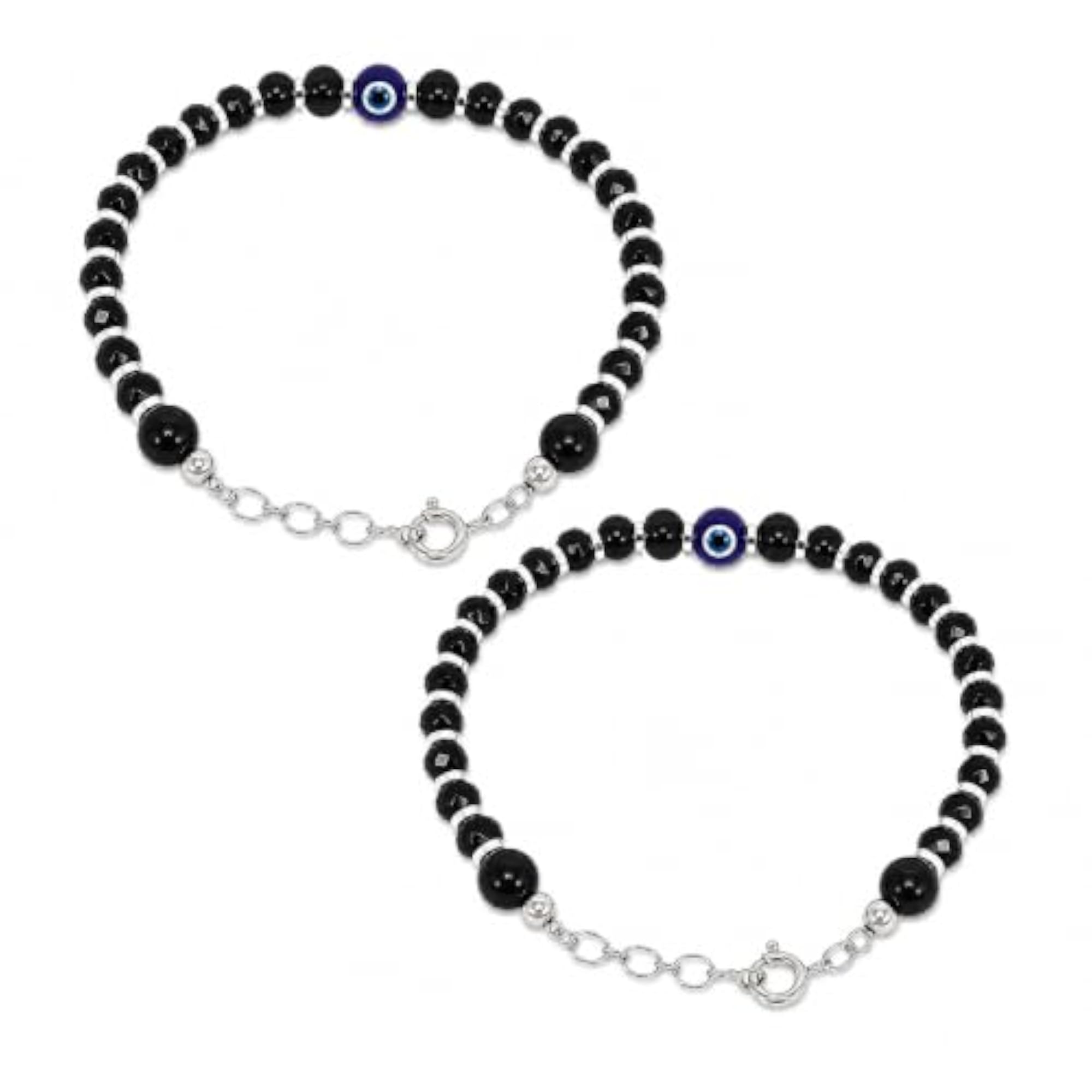 925 Sterling Silver Baby Double Evil Eye Anklet with Black Crystal Beads