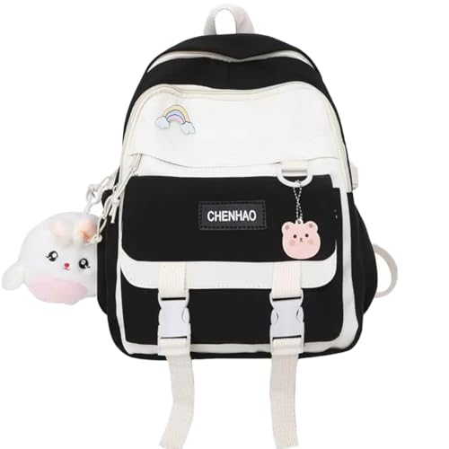 Aesthetic Girls Backpack Kawaii School Bags toast School Cute Pendant Schoolbag for Kids Boys Teenage Primary Secondary（Black）