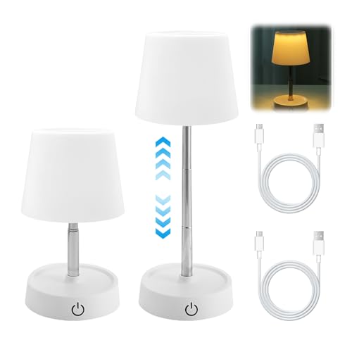 LEKEFETO 2 lámparas de mesa LED con batería recargable USB: lámpara de mesa inalámbrica ajustable en altura, telescopio táctil, lámpara de mesilla, batería recargable con USB para mesilla,