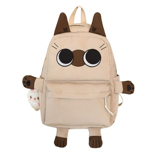 Vobomo Big-eye Cat Kawaii Backpack with pins and Accessories Big capacity Backpack Y2k Aesthetic Cute Backpack (Khaki+Doll)
