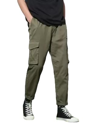 Mens Trousers Men Flap Pocket Drawstring Waist Cargo Pants - Olive Green