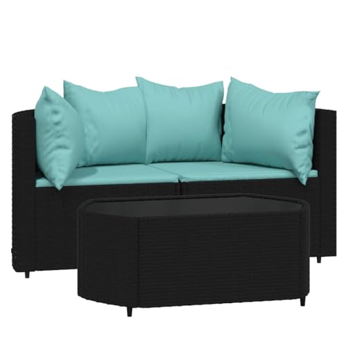 QJBSAVVA Salon de Jardin 3 Pièces en Résine Tressée avec Canapés d'angle et Table Basse en Verre, Ensemble de Mobilier d'Extérieur Modulaire pour Terrasse, Balcon, Noir et Bleu Eau