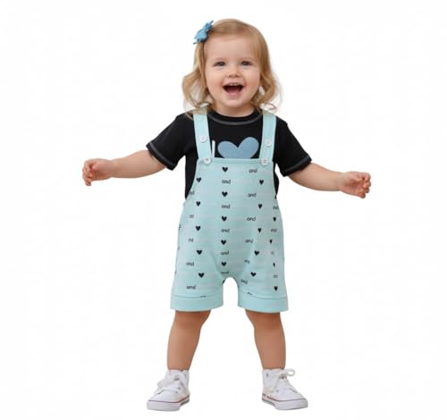 Image of A.T.U.N. (ALL THINGS UBER NICE) Baby Girls Cotton Printed Dungaree Set | Soft Breathable Fabric | Adjustable Strap Shorts with Heart Print | Stylish Casual Outfit for Baby Unisex