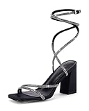 Coutgo Womens Lace Up Chunky Heels Rhinestone Sandals Square Open Toe High Block Heeled Wedding Dress Shoes, Black, Size 8