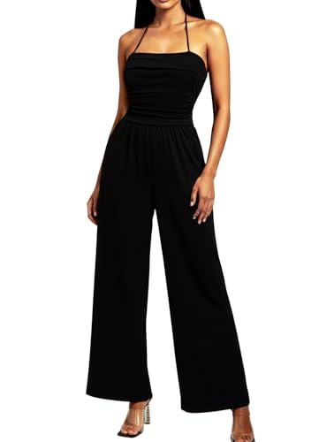 HAWILAND Women Ladies Casual Ruched Halter Wide Leg Jumpsuit Sleeveless One Piece Romper Flare Leg Trousers Black Small