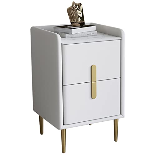 Mesitas de noche modernas blancas con parte superior de cuero de microfibra, diseño minimalista, mesa de noche de piedra sinterizada, mesa de sofá para dormitorio o sala de estar, mueble práctico y