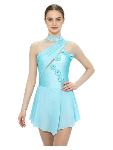 Oyolan Femme Robe de Patinage Artistique Body Justaucorps Danse sur Glace Strass Manches Longues Costume Compétition Bleu L