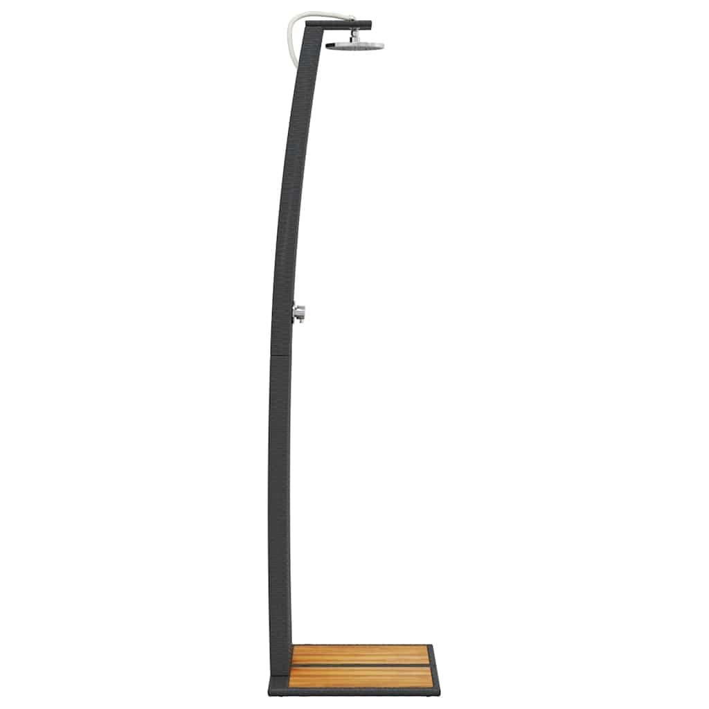 Doccia da giardino nera in polyrattan e legno di acacia, 55 x 60 x 224 cm, con telaio in acciaio verniciato a polvere, per giardino, esterni, terrazza, estate, spa, vasca idromassaggio